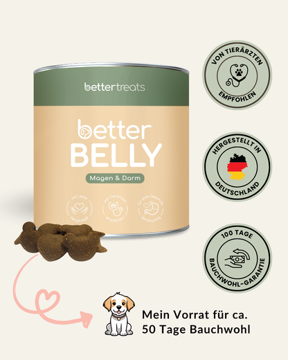 BetterBelly Verdauungs-Snack für Hunde – Produktverpackung mit herzförmigen Drops für Magen & Darm